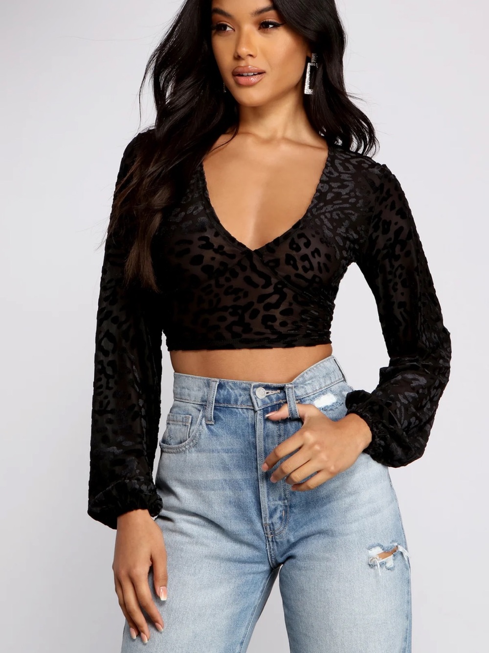 Windsor Black Leopard-Print Velvet Wrap Crop Top